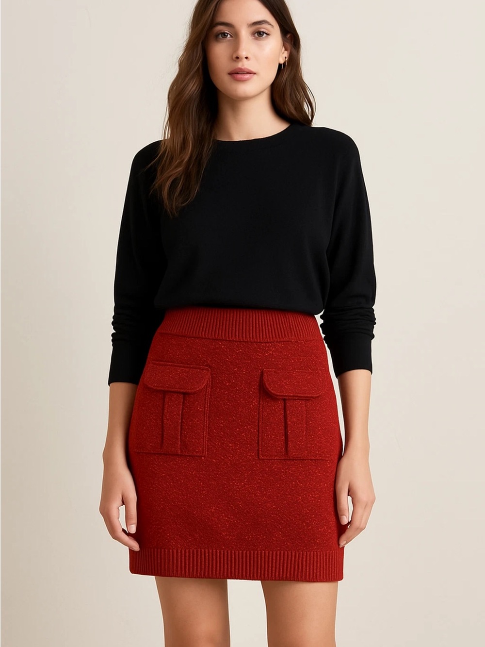 Moth Scarlet Red Knit Pocket Pencil Skirt